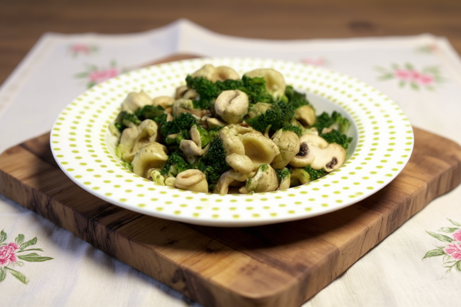 Orecchiette con funghi trifolati e cicoria